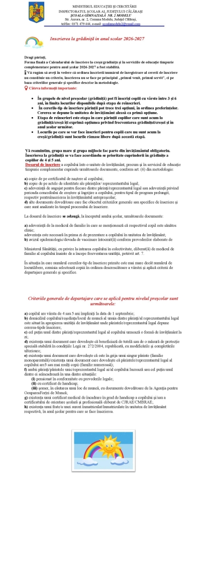 Anunt parinti - Inscrierea la grădiniță in anul scolar 2026-2027